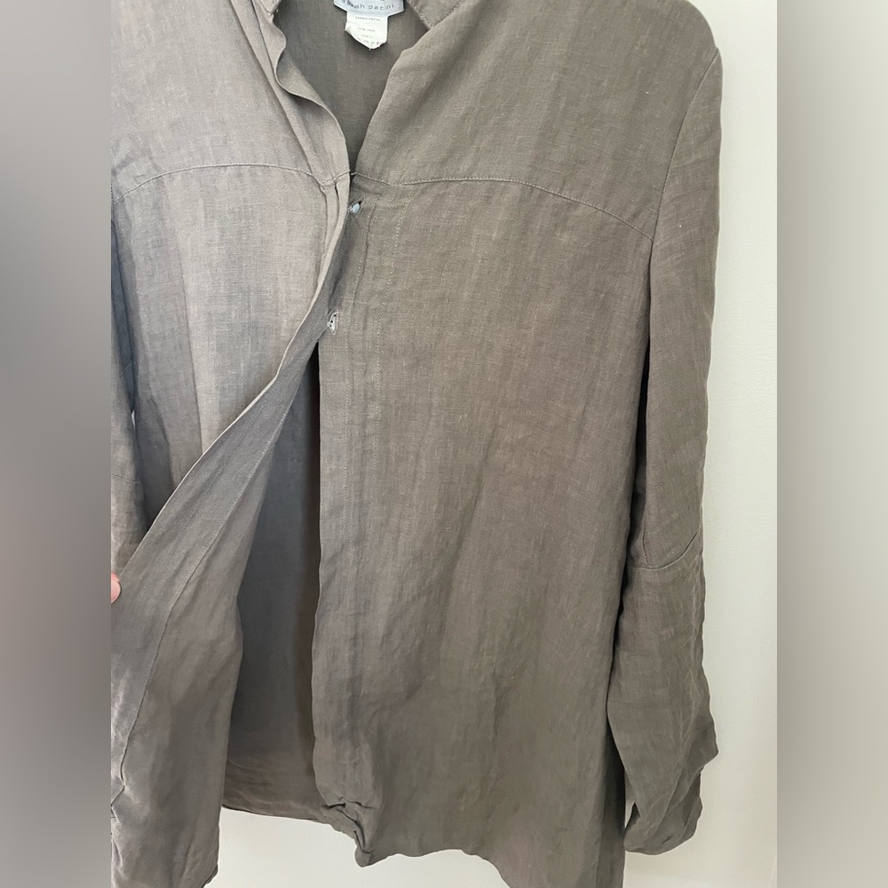 Sarah Pacini Italy 100% Linen Lagenlook Shirt Jacket Taupe S Granola Gorpcore - Picture 10 of 12